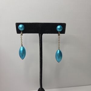 vtg 50s mcm teal blue metallic chandalier screw back earrings retro gold chain